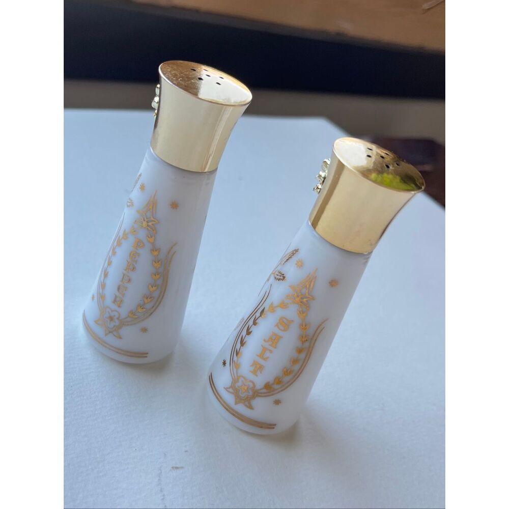 VTG Milk Glass Salt Pepper Shakers Religious Jesus Mary Gold Foil Set - Picture 4 of 14